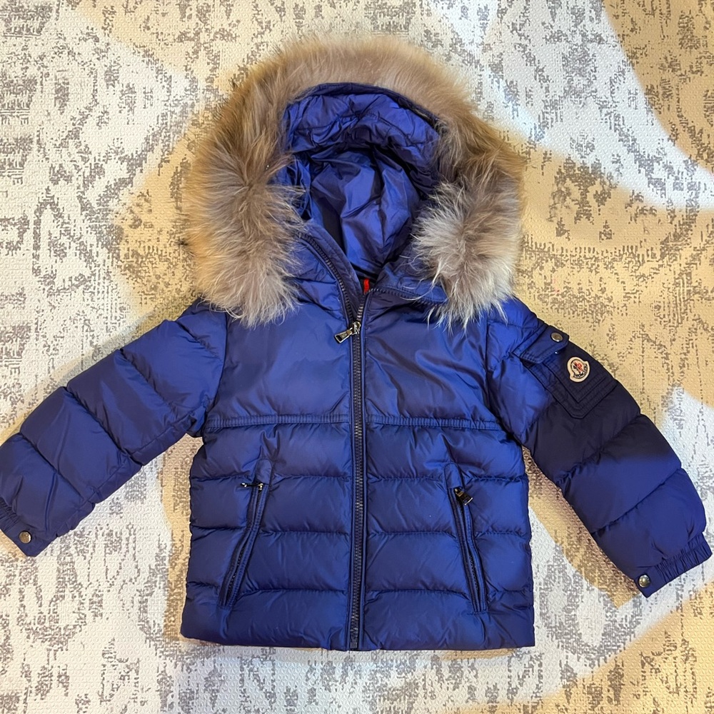 Moncler Kids Blue Puffer Jacket with Fur Trim Hood